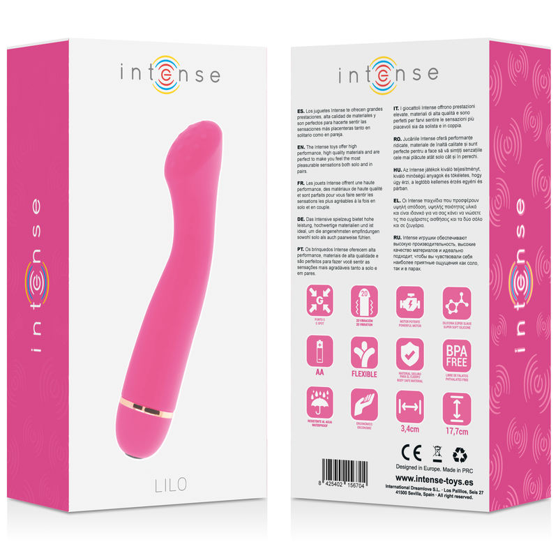 Pink silicone personal massager with curved tip and gold accent ring, 20 speeds.