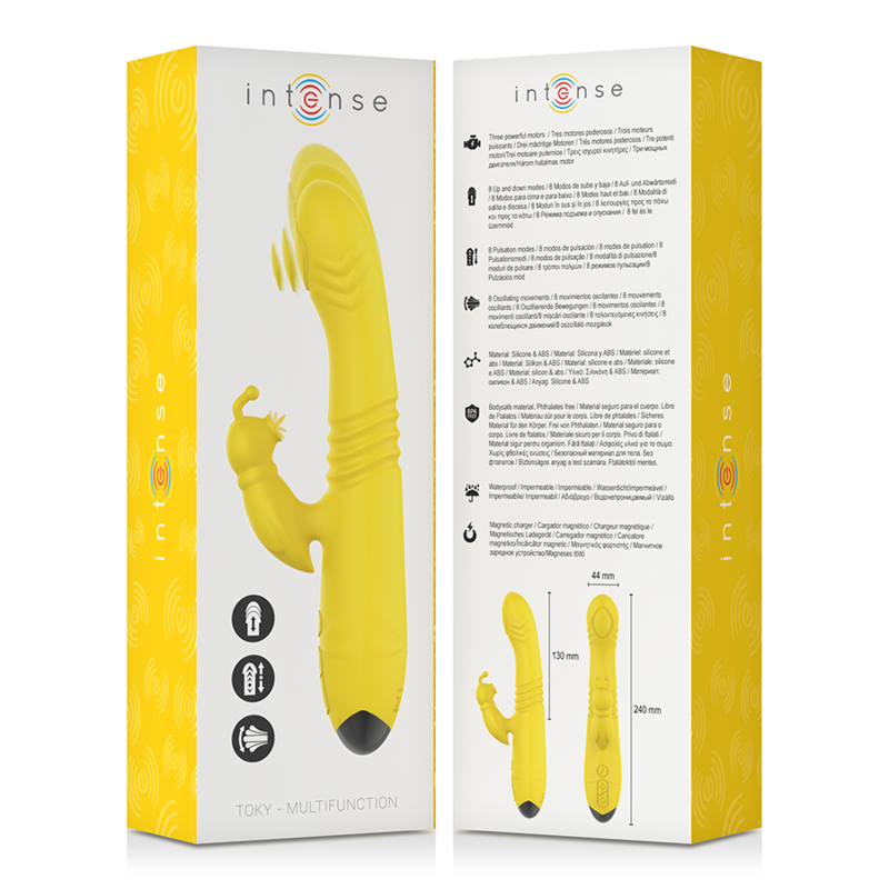 Yellow multifunction vibrator with curved shaft and clitoral stimulator, black base dial control.