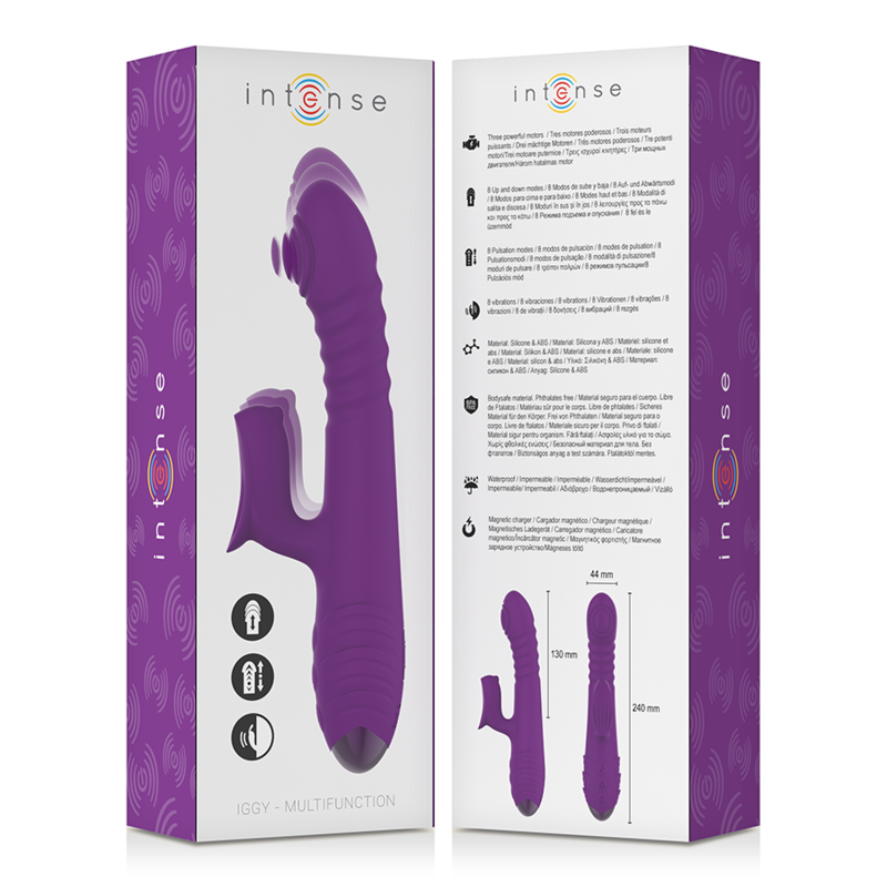 Purple multifunction rechargeable vibrator with clitoral stimulator and ergonomic design on white and purple branded.