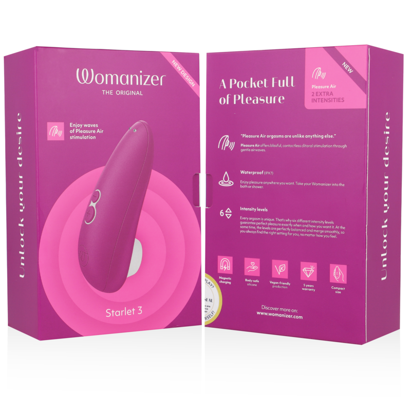 Violet Womanizer Starlet 3 clitoral stimulator with curved handle and control button, in pink and purple retail box.