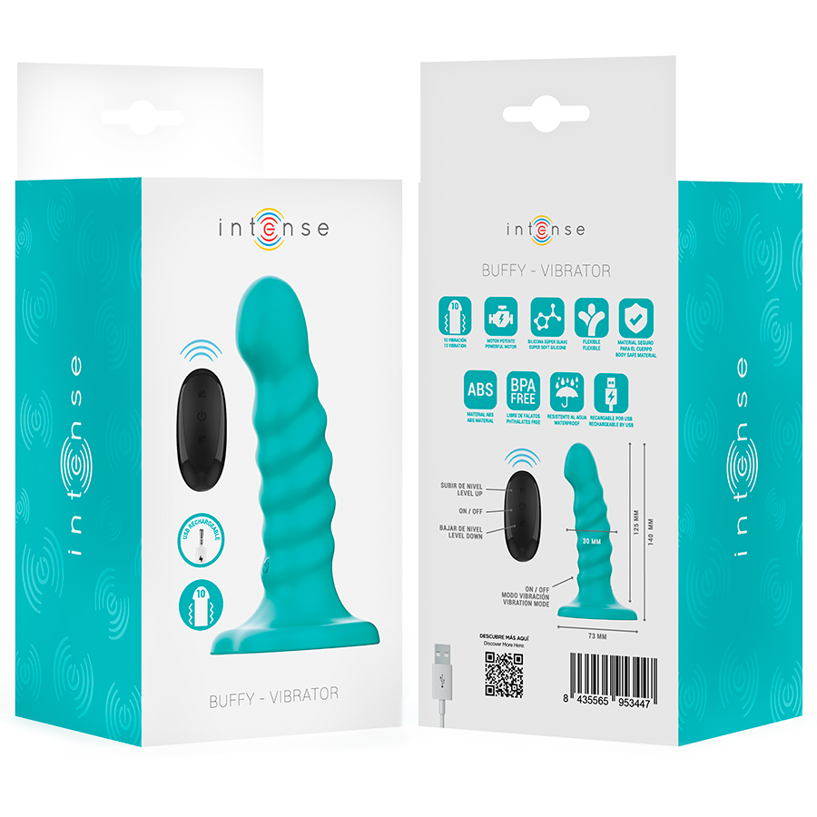 Blue spiral textured vibrator with suction base and black wireless remote control on white packaging with teal accents.