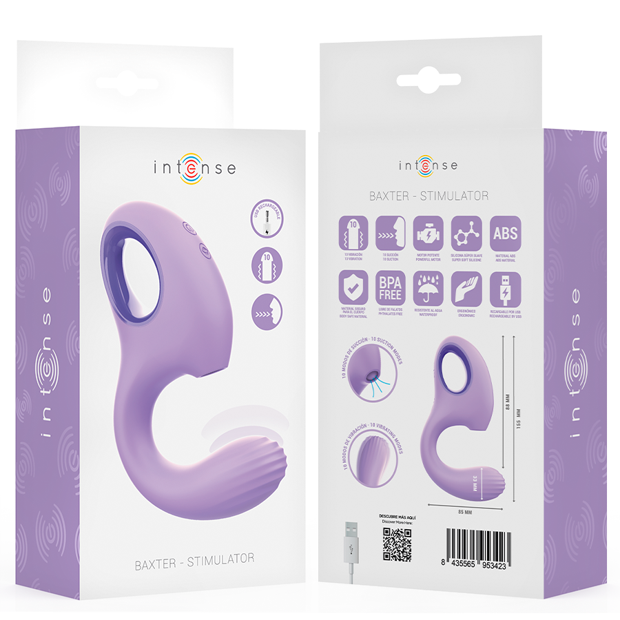 Violet curved vibrator and stimulator with ergonomic handle and textured tip shown with packaging box.