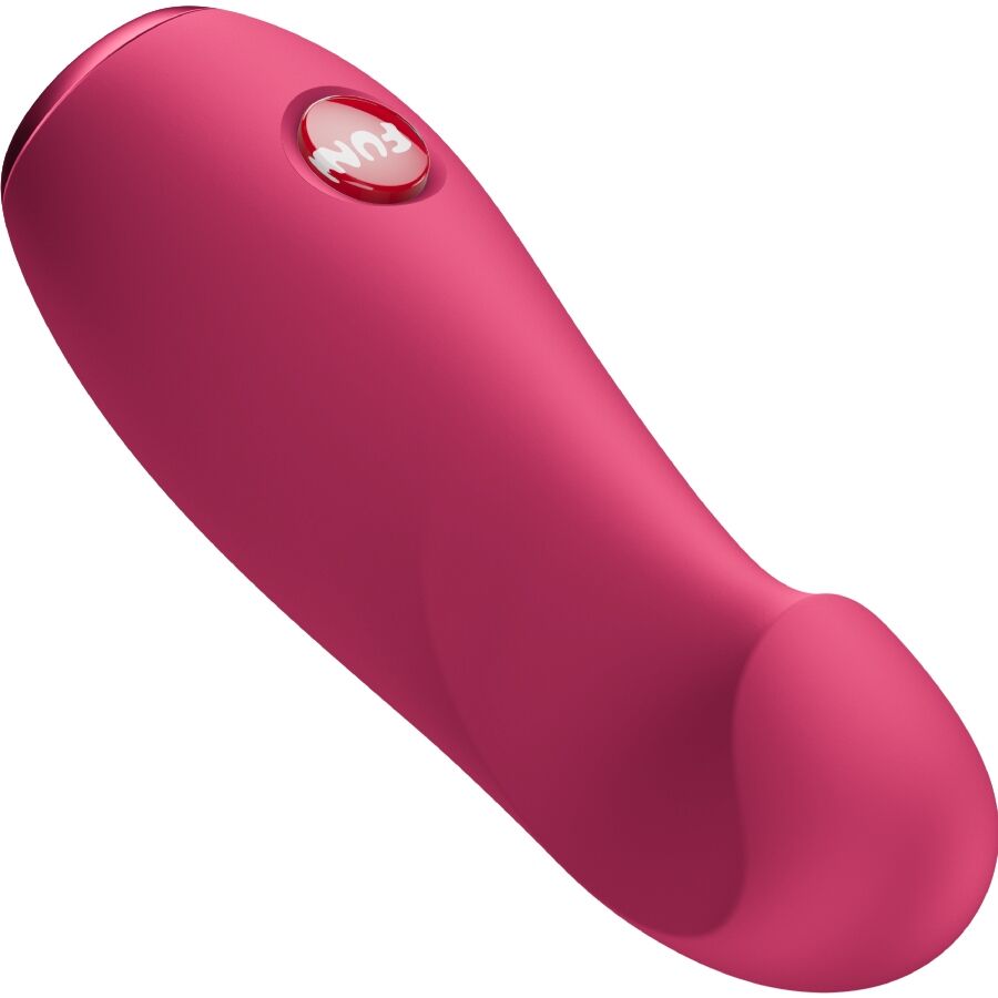 Raspberry red silicone bullet vibrator with ergonomic curved tip and single-button control.