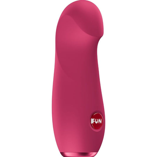 Raspberry pink bullet vibrator with smooth, curved tip and FUN logo button.
