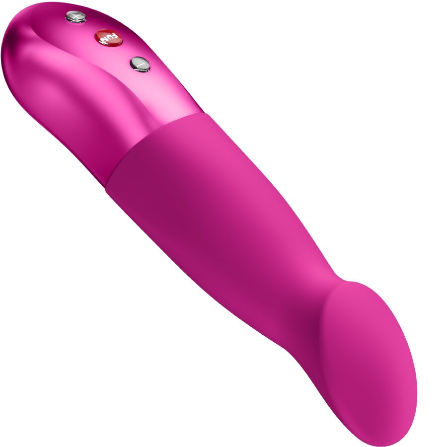 Magenta silicone pulsator with ergonomic curved tip and three silver control buttons.