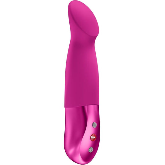 Magenta silicone thrusting pulsator with curved tip and metallic pink handle with three buttons.