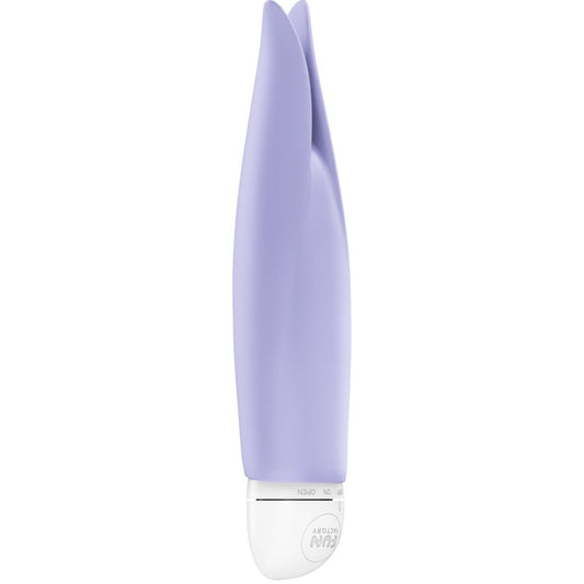 Purple silicone lay-on vibrator with tapered dual-tip design and white control base.