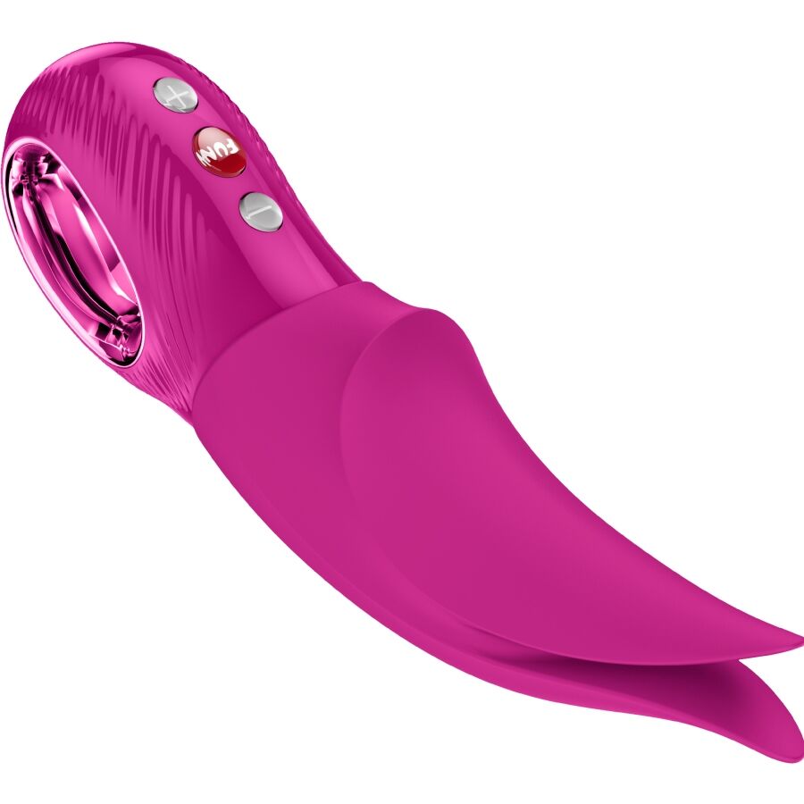Magenta silicone vibrator with ergonomic curved tip and three control buttons on handle.