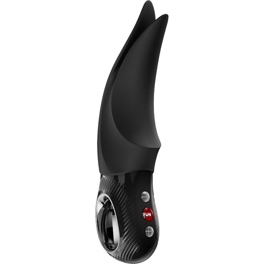 Sleek black Fun Factory Volta lay-on vibrator with curved silicone head and textured handle controls.