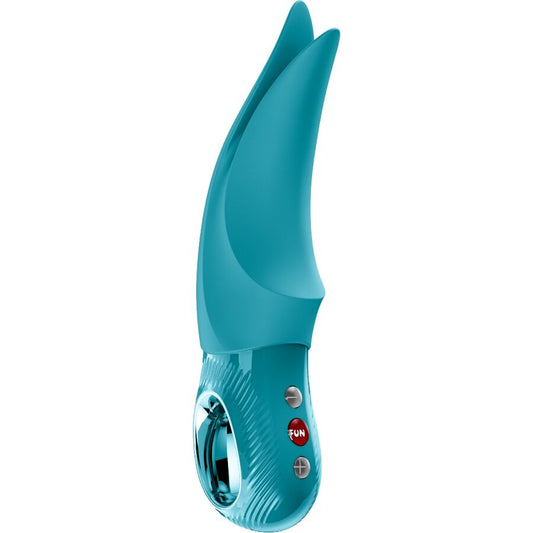 Aquamarine blue ergonomic vibrator with curved tip and three silver control buttons.