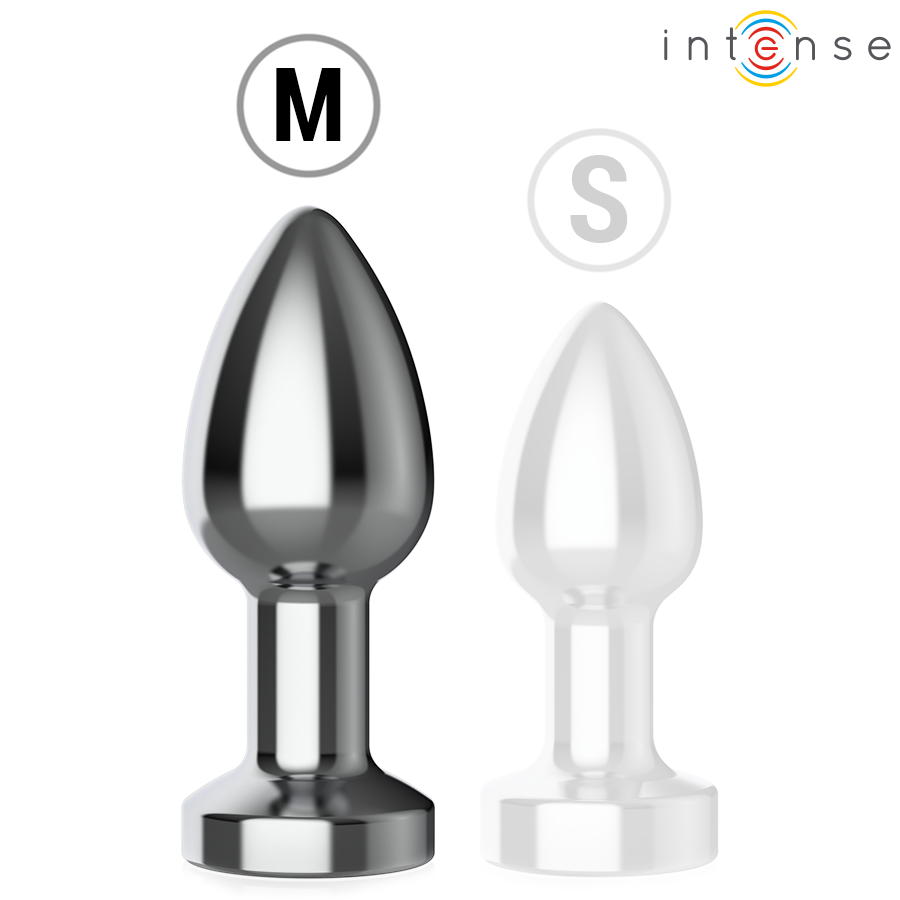 Metal anal plug size M with tapered tip and flared base, polished silver finish.