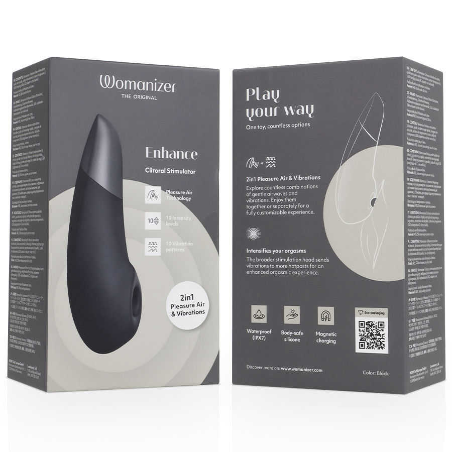 Black Womanizer Enhance clitoral stimulator with ergonomic, curved design in matte finish on packaging box.