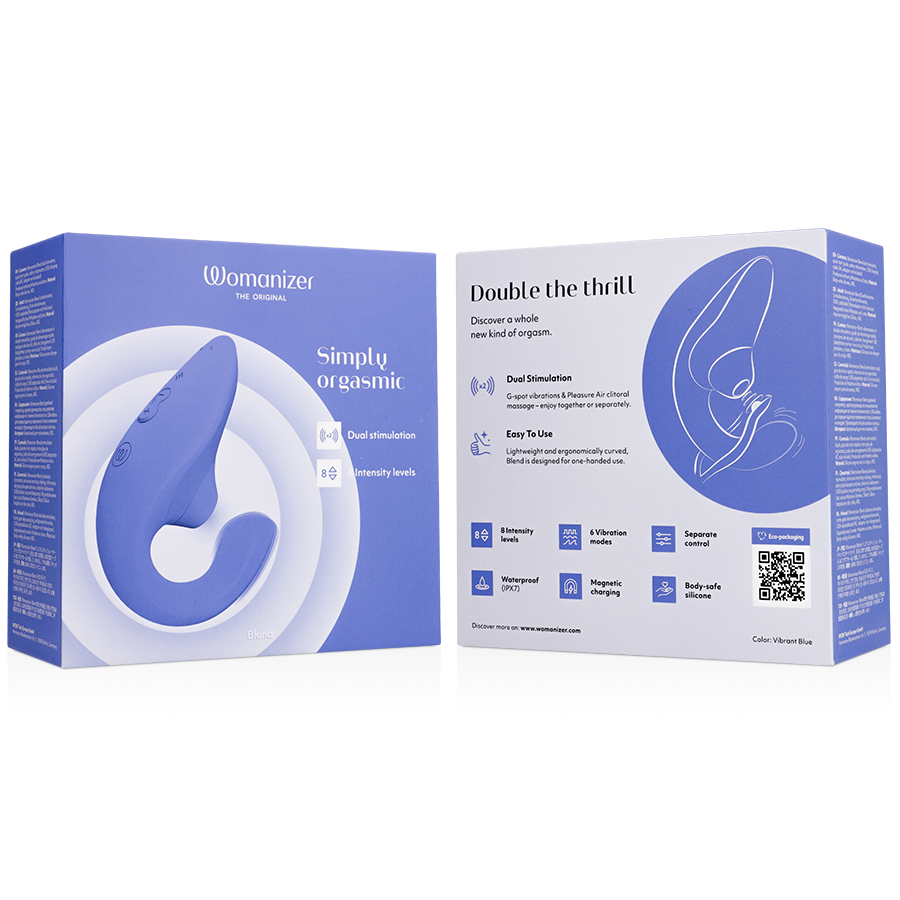 Vibrant blue blend rabbit vibrator stimulator with ergonomic curved design in open retail box.