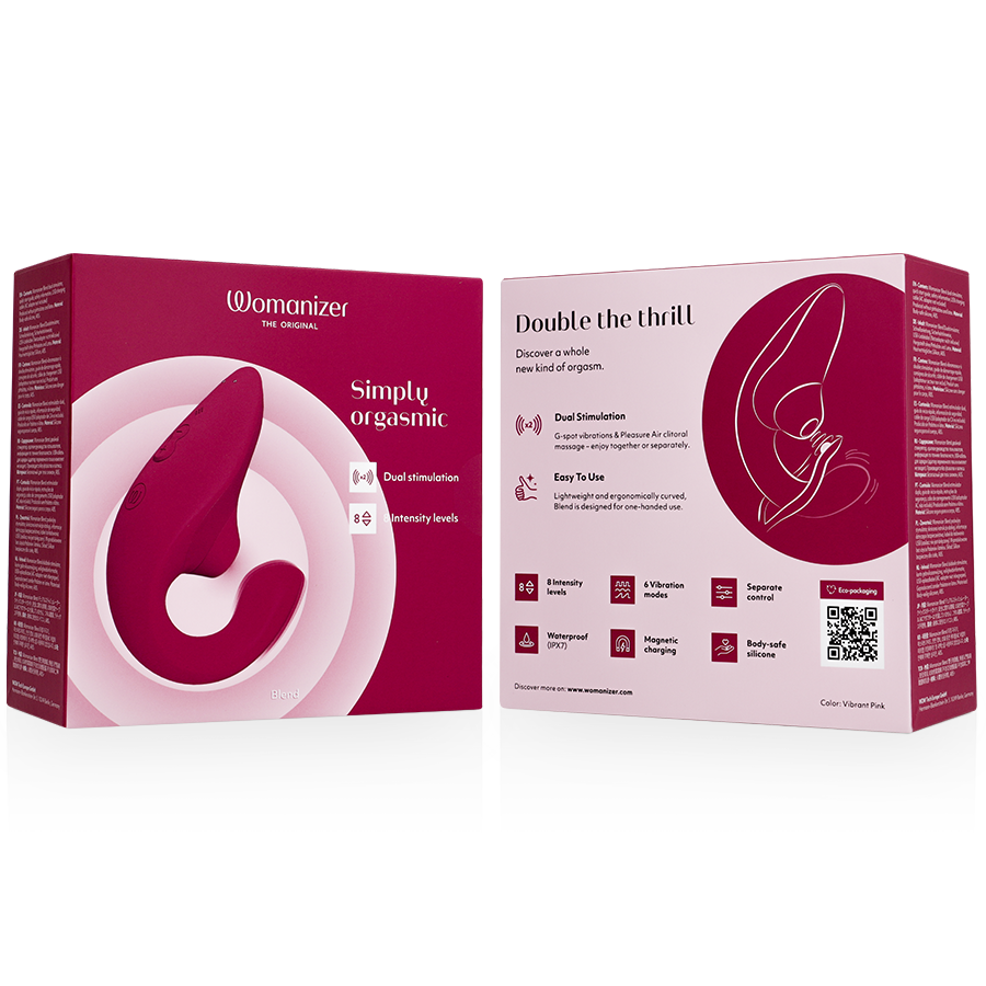Vibrant pink rabbit vibrator stimulator with ergonomic shape shown with open product box and detailed features panel.