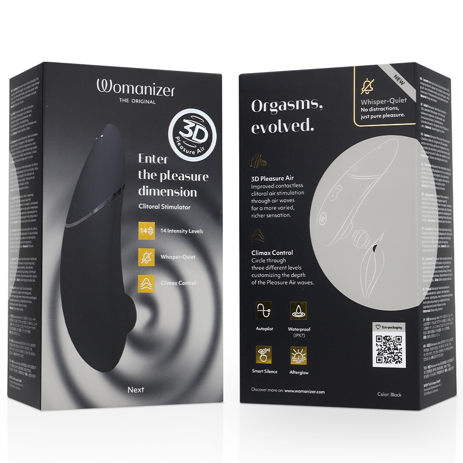 Black Womanizer Next clitoral stimulator with ergonomic, sleek design shown alongside product packaging with detailed text.