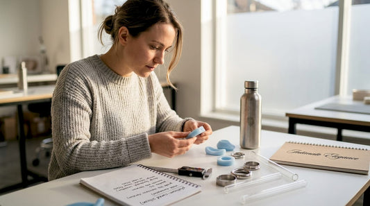 Designer examining sex toy materials in studio