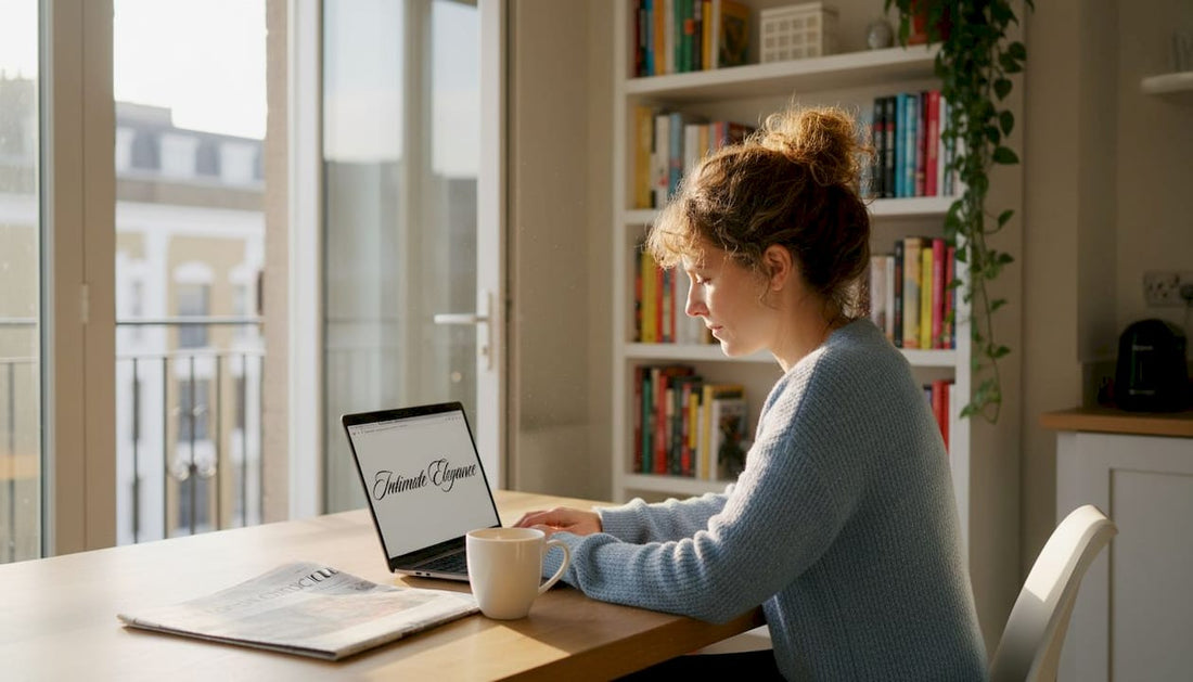 Woman browsing lingerie online in sunny kitchen