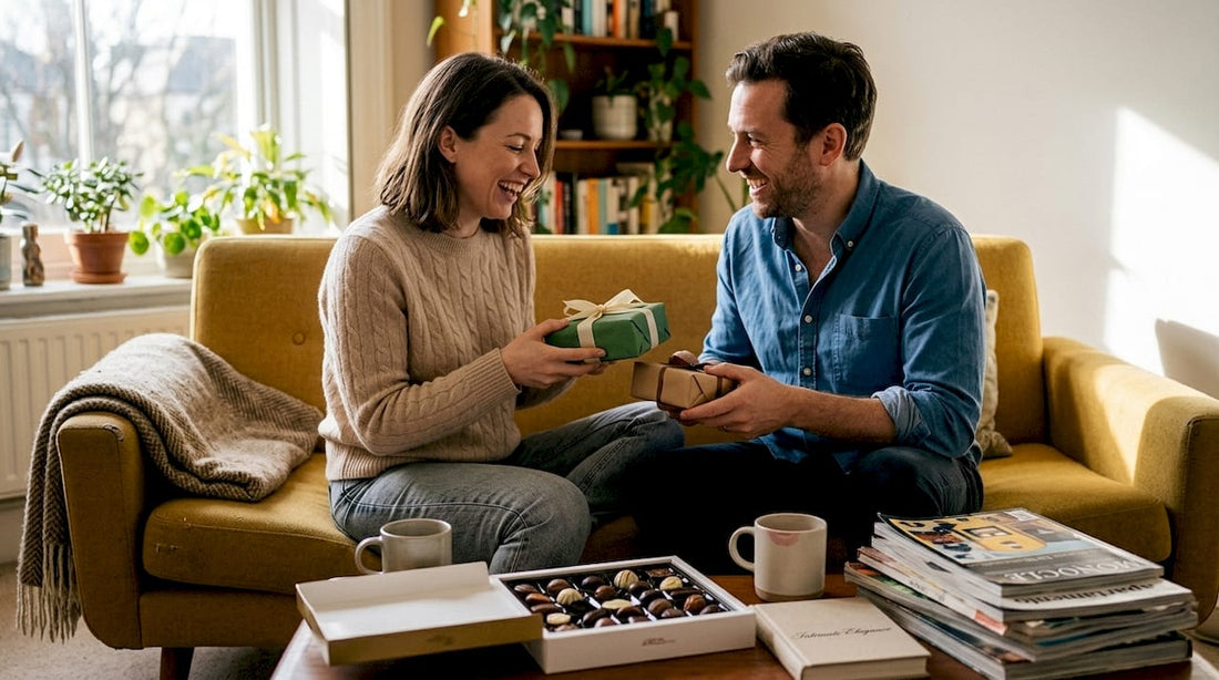 Couple exchanging gifts on cozy sofa