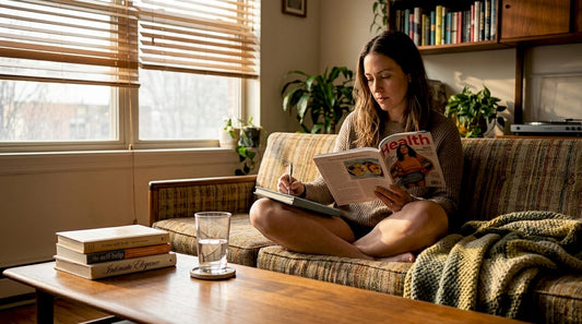 Woman reading about wellness in living room