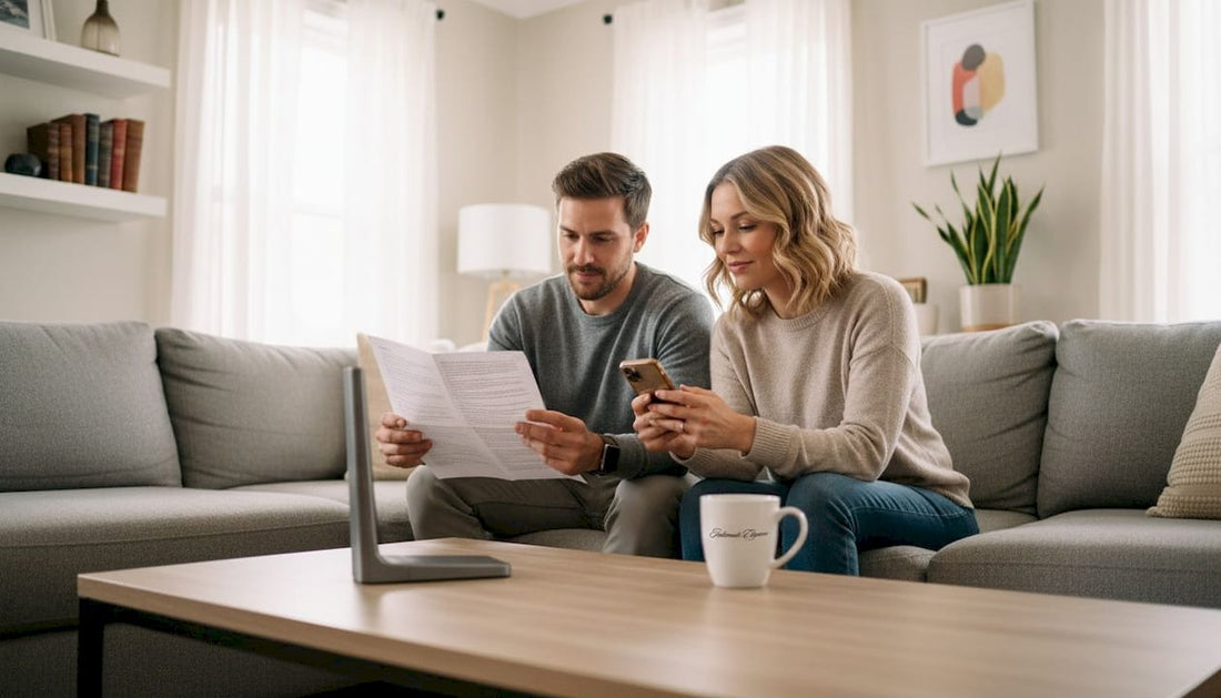 Couple discussing smart device on sofa