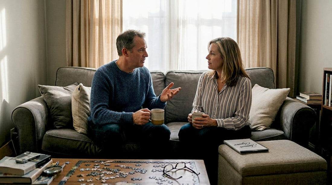 Couple having thoughtful conversation at home