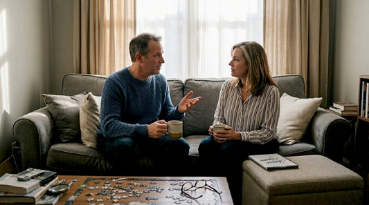 Couple having thoughtful conversation at home