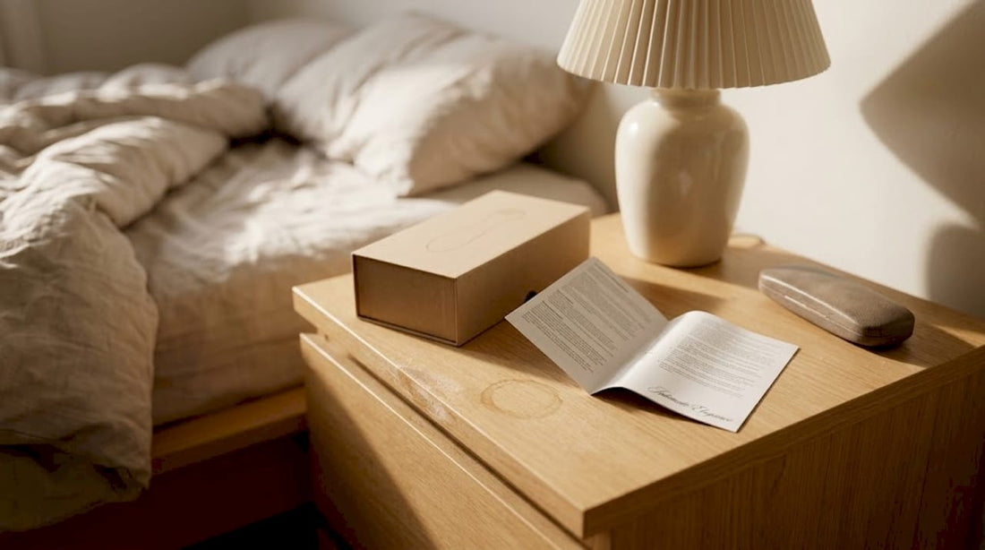 Boxed sensual stimulator on sunlit bedside table
