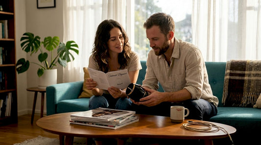 Couple reviews luxury accessory at home