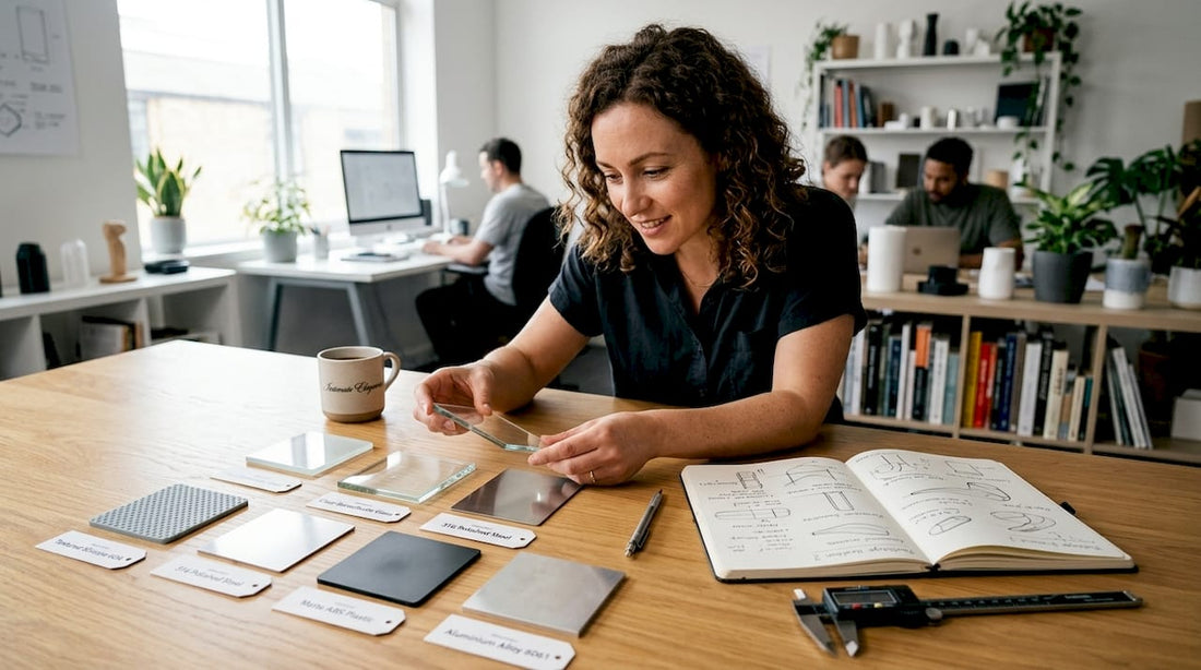 Designer compares samples of safe toy materials
