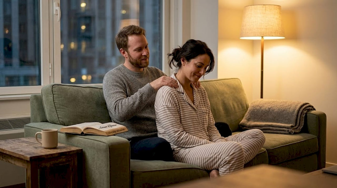 Couple sharing shoulder massage in cozy living room