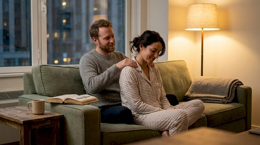 Couple sharing shoulder massage in cozy living room