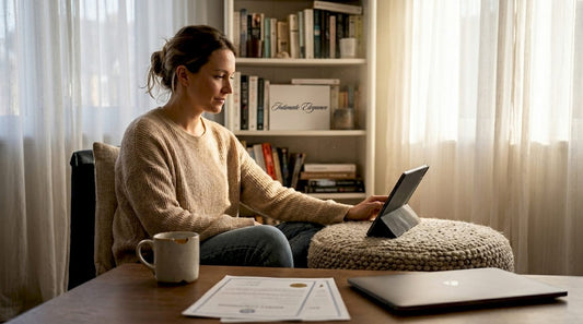 Woman researches accessory reviews at home