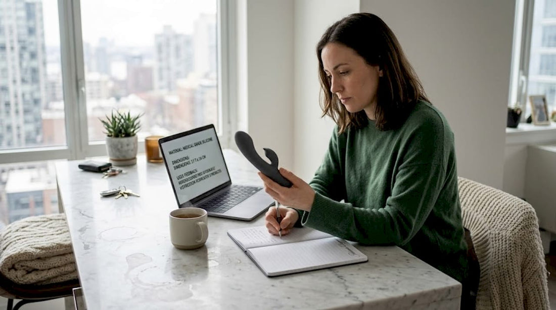Designer reviewing elegant vibrator at kitchen island