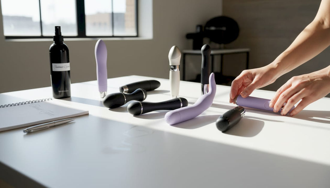 Photographer arranging vibrators in neutral studio