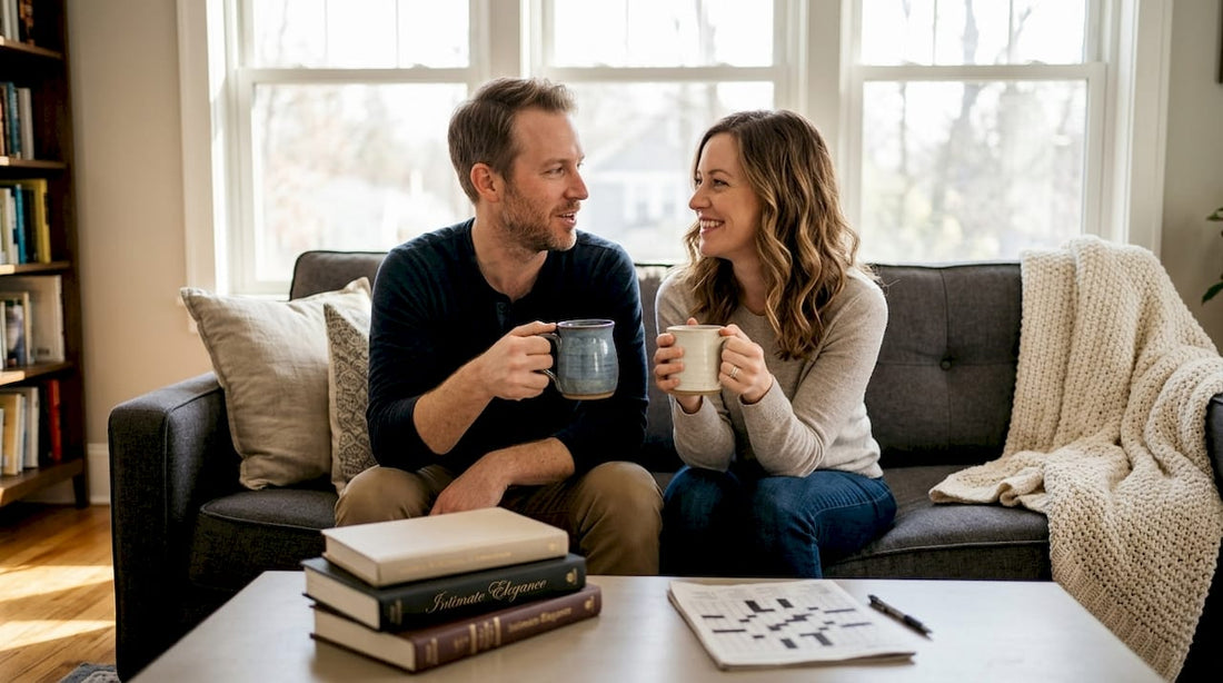 Couple conversing in sunlit living room