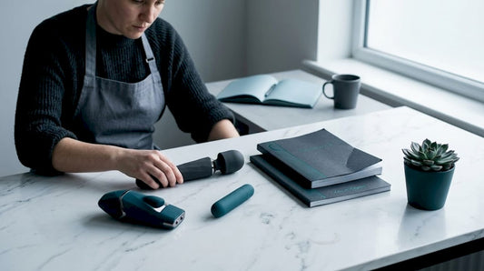Studio tabletop display of vibrator wellness products