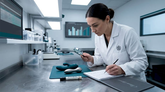 Lab technician reviewing intimate product materials