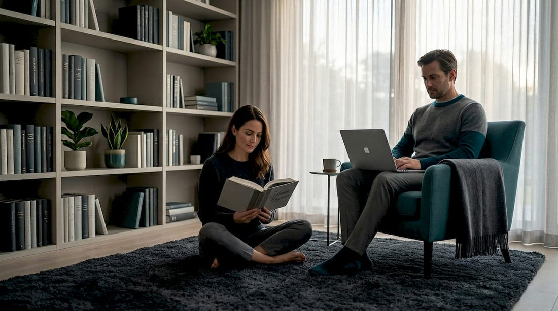 Couple sharing quiet moment in relaxed living room