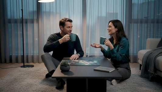 Couple connecting in a cozy living room