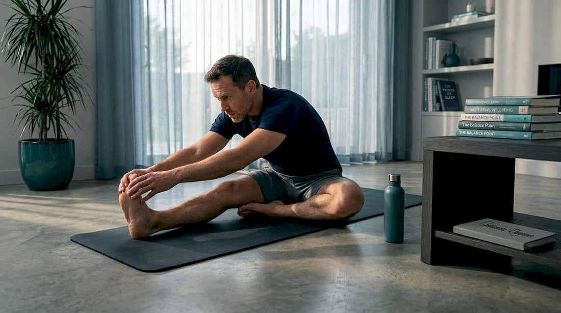 Man stretching on yoga mat in sunny living room