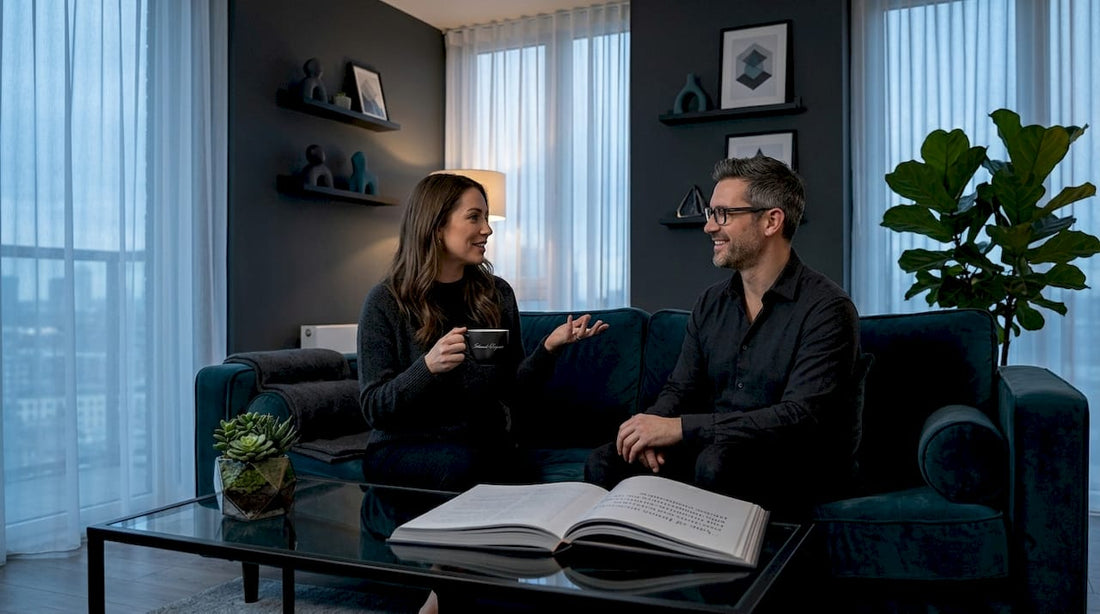 Couple talking on couch in cozy living room