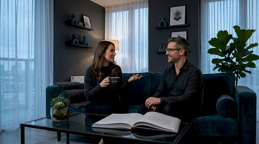Couple talking on couch in cozy living room