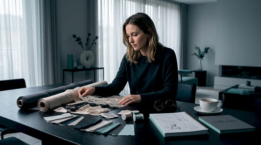 Designer reviews silk and lace samples