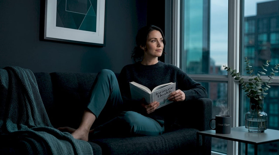 Woman reading book on intimate health in living room