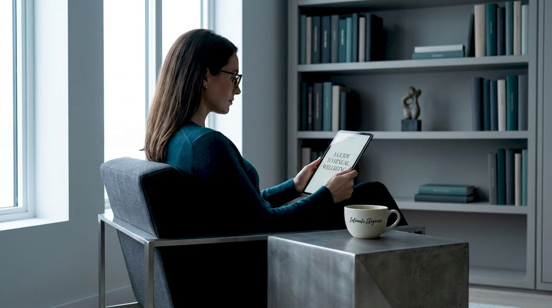 Woman reading sexual wellbeing information on tablet