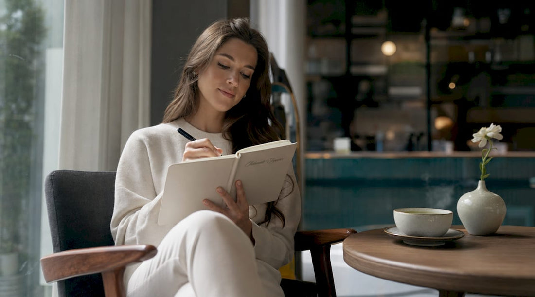 Woman writing in journal at home