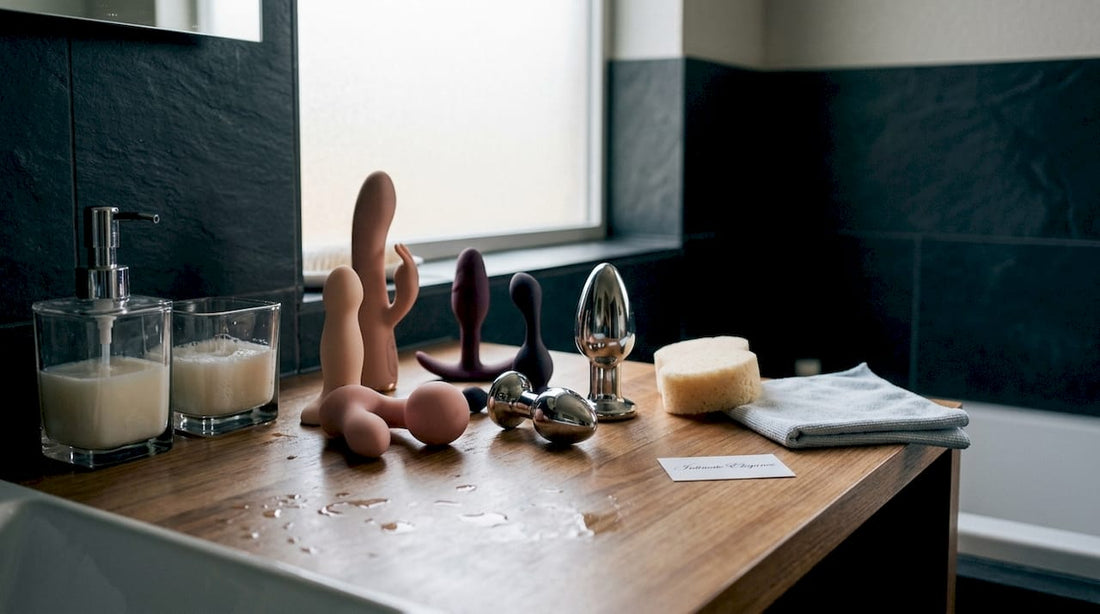 Adult toys and cleaning supplies on bathroom countertop