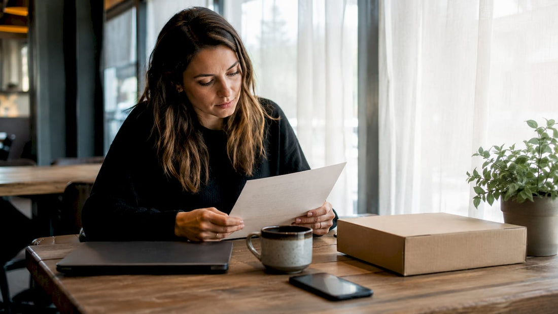 Woman reviewing discreet packaging guidelines at kitchen table