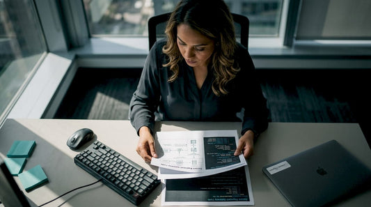 Cybersecurity analyst reviewing secure payment documents