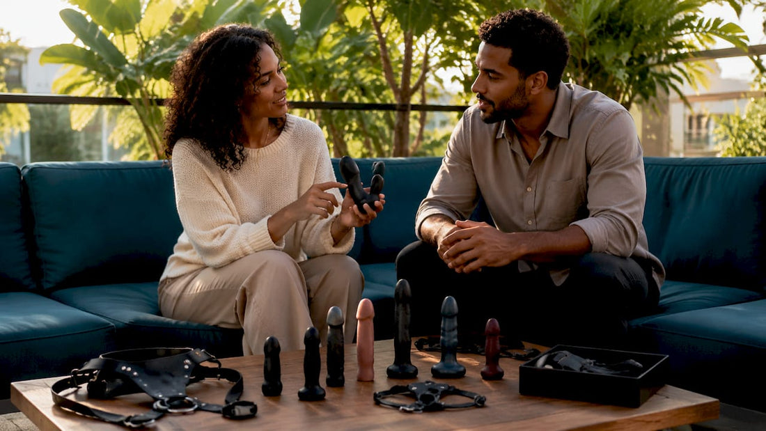 Couple discussing strap-on types at home